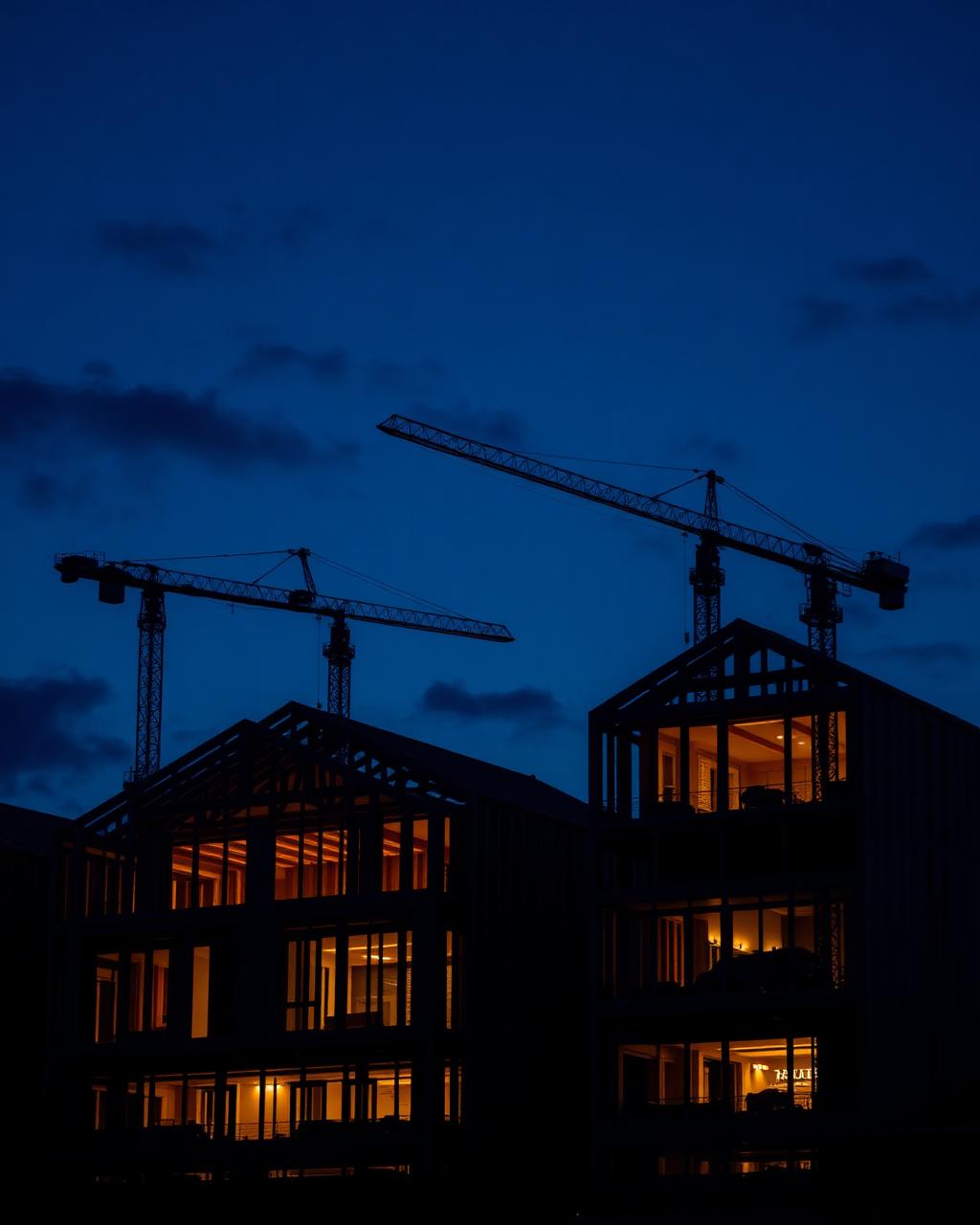 Residential development under construction at dusk with cranes overhead